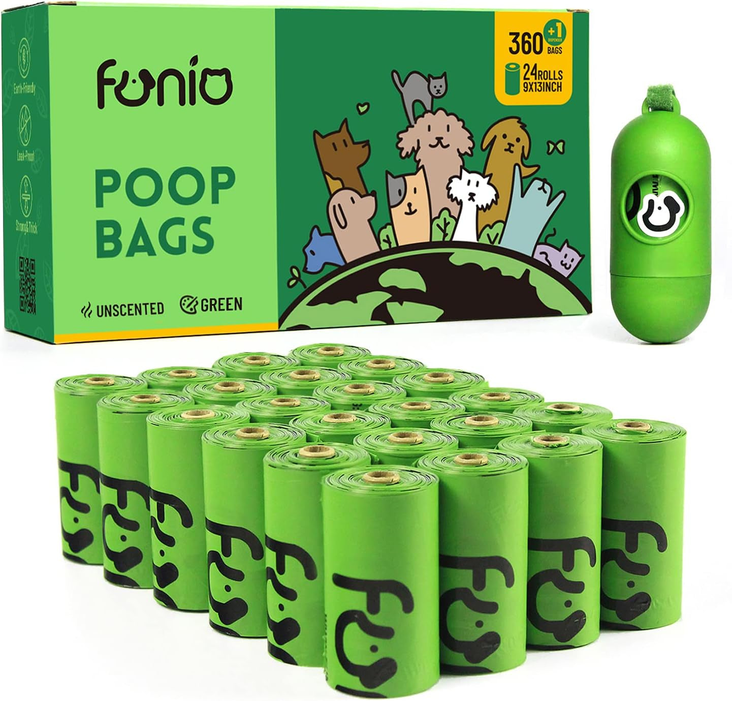 Dog Poop Bags, Scent Free, 360 Count, Unscented, Eco Friendly, Leak Proof, Extra Thick, Easy to Open, Refill Rolls with Dispenser